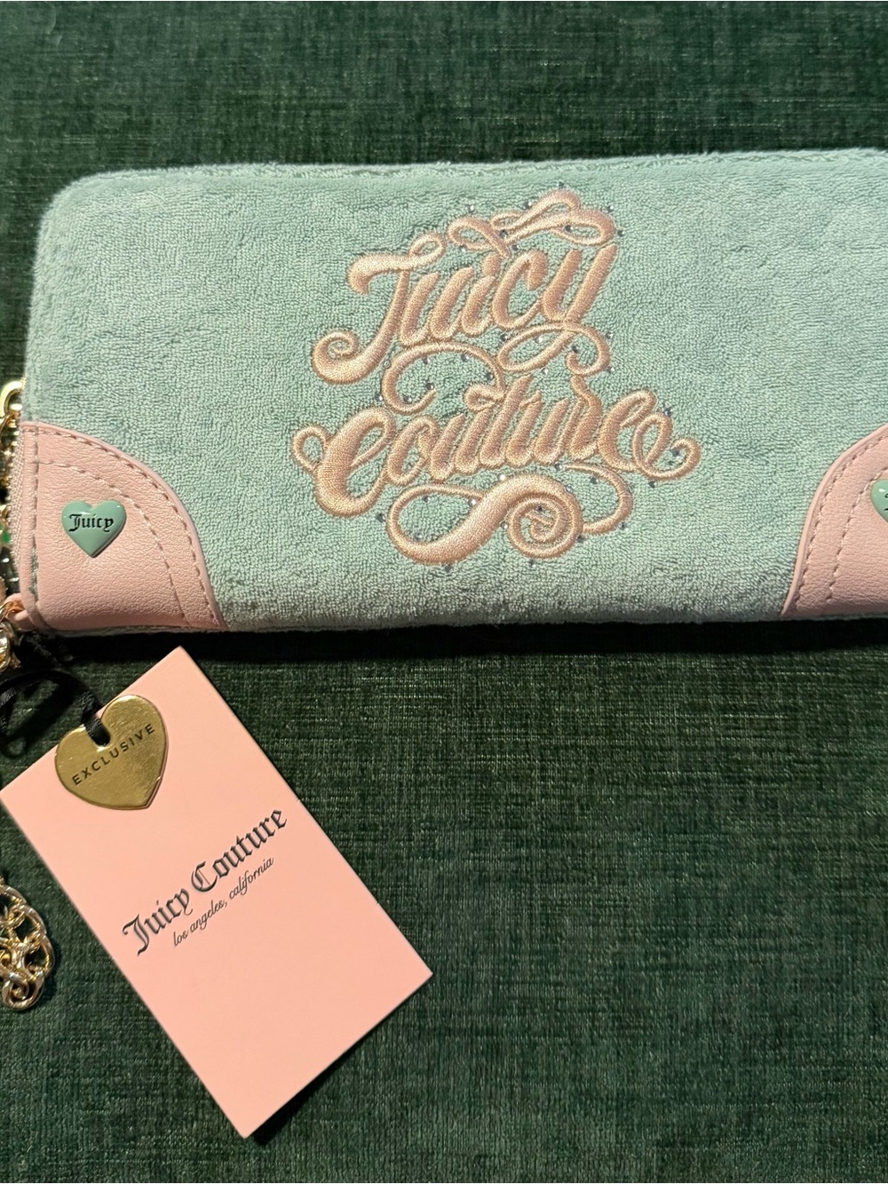 Juicy Couture Mint and Pink Embroidered Zip Wallet